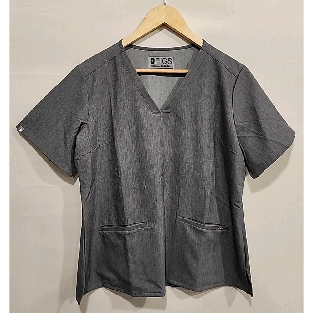 Figs Technical Collection Scrub Top‎ Womens Size L Gray, 2 Pockets Short Sleeve